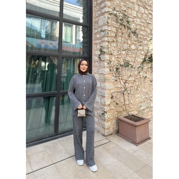 Zeyn Düğmeli Triko Takım - Gri