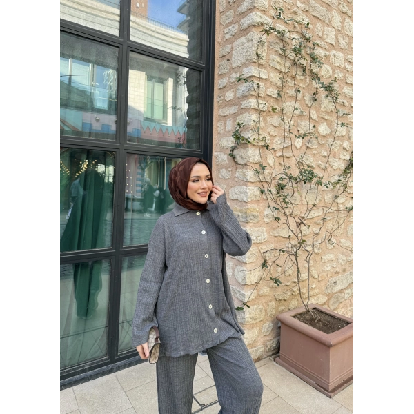 Zeyn Düğmeli Triko Takım - Gri