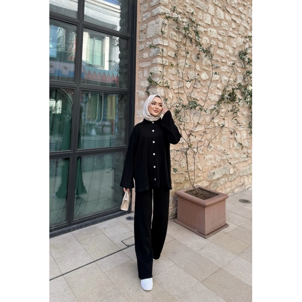 Zeyn Düğmeli Triko Takım - Siyah