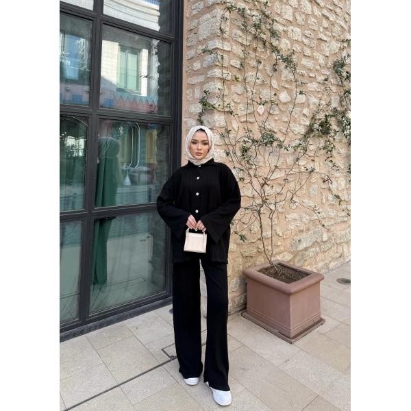 Zeyn Düğmeli Triko Takım - Siyah