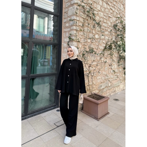 Zeyn Düğmeli Triko Takım - Siyah