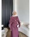 Fuş - Orchid Şal Detaylı Broşlu Elbise - Bordo