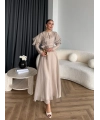 Fuş - Chic Nakış Detay Parlak Tensel Elbise - Bej