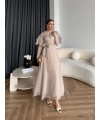 Fuş - Chic Nakış Detay Parlak Tensel Elbise - Bej