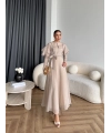 Fuş - Chic Nakış Detay Parlak Tensel Elbise - Bej