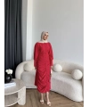Tb - İndirimli Büzgülü Elbise - Kırmızı