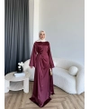 Hen - Volan Saten Elbise - Bordo