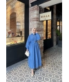 Kemerli Balon Kol Elbise - Mavi