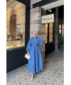Kemerli Balon Kol Elbise - Mavi