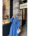 Kemerli Balon Kol Elbise - Mavi