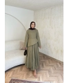 Keten Kırışık Etek Takım - Yeşil