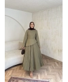 Keten Kırışık Etek Takım - Yeşil
