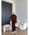 Örgü Atkı Detaylı Triko Takım - Acı Kahve