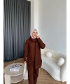 Örgü Atkı Detaylı Triko Takım - Acı Kahve