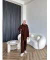 Örgü Atkı Detaylı Triko Takım - Acı Kahve