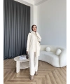 Örgü Atkı Detaylı Triko Takım - Krem