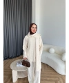 Örgü Atkı Detaylı Triko Takım - Krem