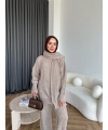 Örgü Atkı Detaylı Triko Takım - Vizon
