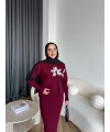 Pls-Çiçek Detay Jile Elbise - Bordo