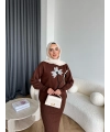 Pls-Çiçek Detay Jile Elbise - Kahve