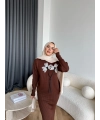 Pls-Çiçek Detay Jile Elbise - Kahve