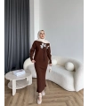 Pls-Çiçek Detay Jile Elbise - Kahve