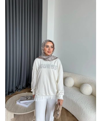 1-Muadil Taşlı Sweat - Beyaz