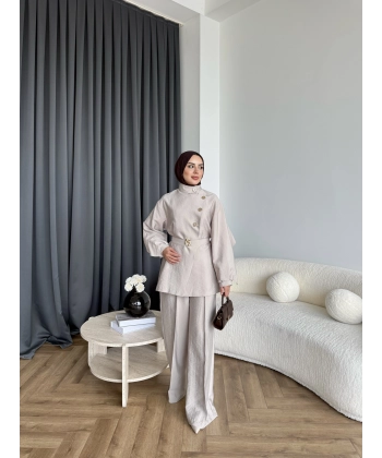 Tb - Evran Gold Düğme Cupra Takım - Bej - ÖN SİPARİŞ