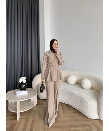 Qu - Hally Atkı Detay Modal Takım - Bej