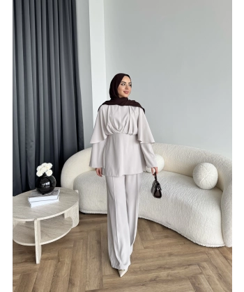 Qu - Eytan Fırfırlı Krep Takım - Taş Rengi