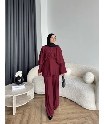 Qu - Eytan Fırfırlı Krep Takım - Bordo