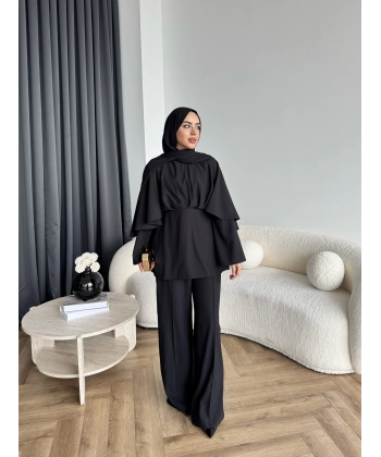 Qu - Eytan Fırfırlı Krep Takım - Siyah