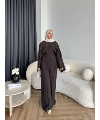 Tb - Beslan Pelerin Detaylı Takım - Kahve