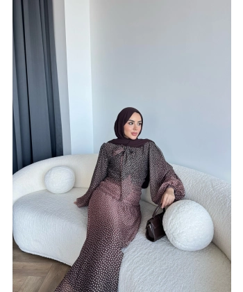 Qu - Linas Ponponlu Şifon Elbise - Kahve