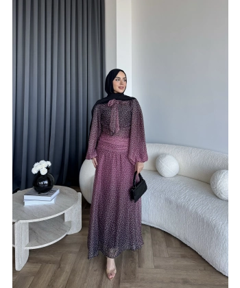 Qu - Linas Ponponlu Şifon Elbise - Bordo