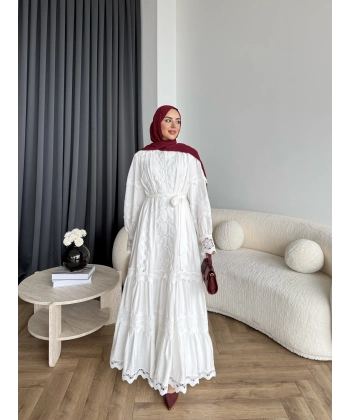 Ng - İthal Dantelli Elbise - Ekru