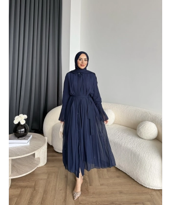 Hen - Lior Piliseli Şifon Elbise - Lacivert