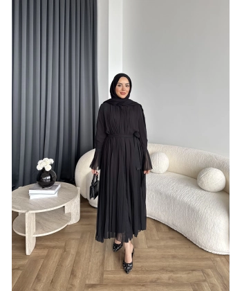 Hen - Lior Piliseli Şifon Elbise - Siyah