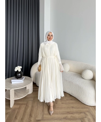 Hen - Lior Piliseli Şifon Elbise - Ekru