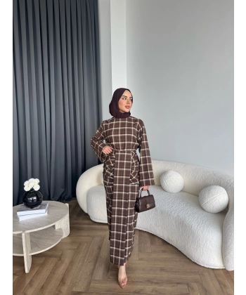 Qu - Carmen Kareli Etekli Takım - Koyu Kahve