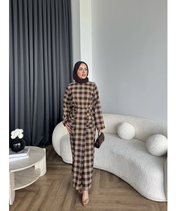 Qu - Carmen Kareli Etekli Takım - Açık Kahve