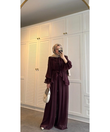 Ah - Elanar Fırfır Detaylı Pantolonlu Takım - Bordo - ÖN SİPARİŞ