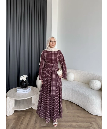 Hev - Erlin Bağlamalı Kareli Elbise - Bordo