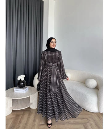 Hev - Erlin Bağlamalı Kareli Elbise - Siyah