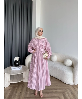Tb - Heidi Çizgili Gömlek Elbise - Pembe