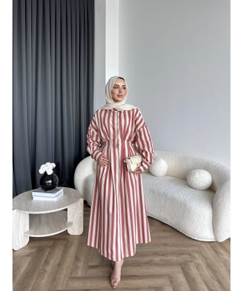 Tb - Heidi Çizgili Gömlek Elbise - Turuncu ÖN SİPARİŞ