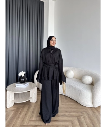 Es - Danlara Saten Kol Fırfırlı Takım - Siyah