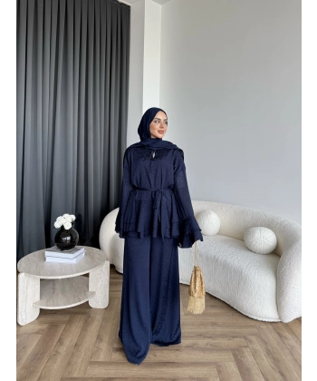 Es - Danlara Saten Kol Fırfırlı Takım - Lacivert