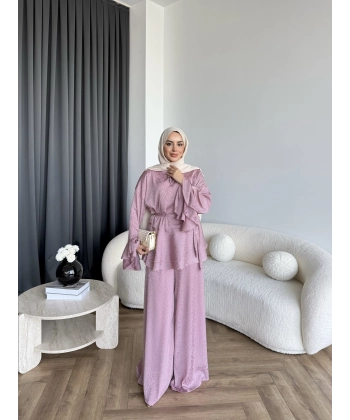 Es - Danlara Saten Kol Fırfırlı Takım - Gül Kurusu