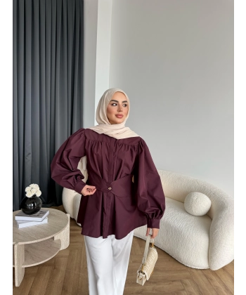 Hen - Mihra Bel Detaylı Gömlek - Bordo - ÖN SİPARİŞ